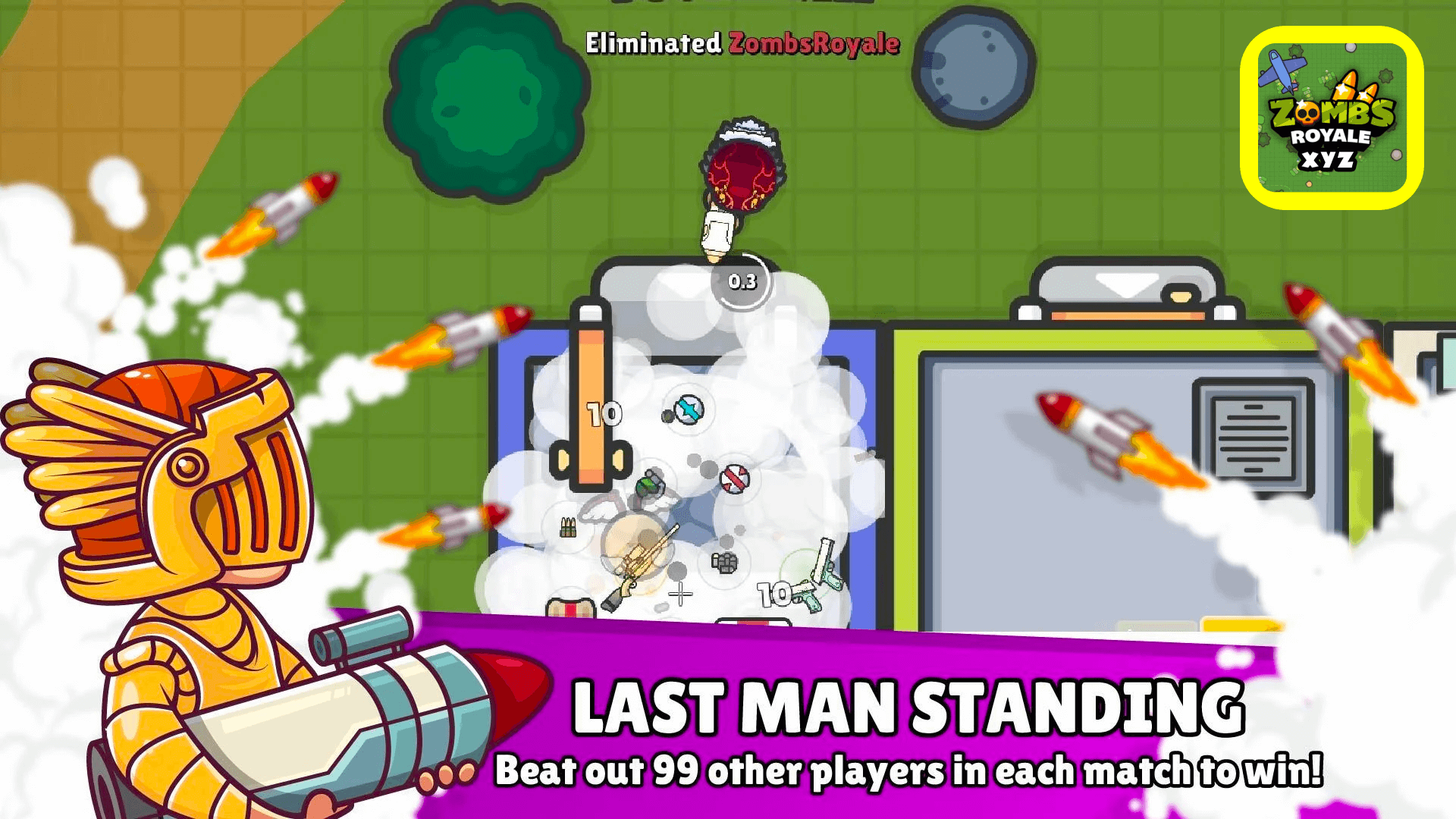 Zombs Royale character skins and cosmetic items displayed in a colorful menu