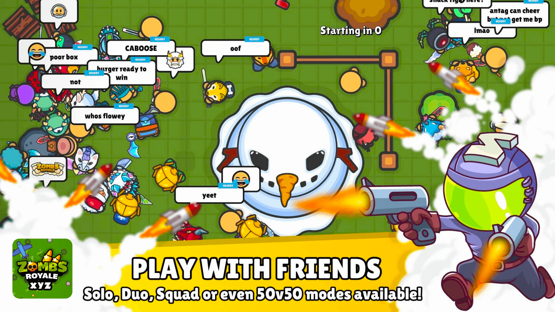 Zombs Royale 2D battle royale gameplay with players landing and collecting loot